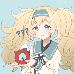 Rule 34 | 1girl, ?, abyssal ship, blonde hair, blue background, blue eyes, blue hairband, blue sailor collar, commentary request, dress, emia wang, enemy lifebuoy (kancolle), gambier bay (kancolle), hairband, kantai collection, long hair, sailor collar, sailor dress, simple background, solo, twintails