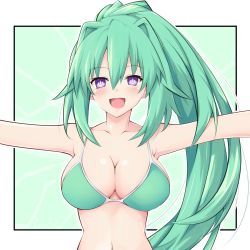 Rule 34 | 10s, 1girl, arms up, bikini, blush, breasts, cleavage, collarbone, female focus, green bikini, green hair, green heart (neptunia), iwashi dorobou -r-, large breasts, long hair, looking at viewer, neptune (series), open mouth, outstretched arms, ponytail, purple eyes, revision, shiny skin, solo, spread arms, swimsuit, symbol-shaped pupils, upper body, vert (neptunia)