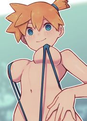 Rule 34 | 1girl, areola slip, asymmetrical hair, blush, breast slip, breasts, closed mouth, creatures (company), full body, game freak, green eyes, lamb-oic029, legs, medium breasts, misty (pokemon), narrow waist, navel, nintendo, nipples, one-piece swimsuit, orange hair, pokemon, pokemon frlg, ponytail, revealing clothes, side ponytail, slingshot swimsuit, smile, solo, standing, stomach, swimsuit, thighs