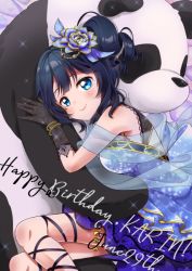 Rule 34 | 1girl, alternate hairstyle, artist name, artist request, asaka karin, bare legs, bare shoulders, bed, black gloves, black ribbon, blue detached collar, blue dress, blue eyes, blue flower, blue hair, blue skirt, blush, bracelet, breasts, celebrity in blue (love live!), cleavage, cleavage cutout, clothing cutout, collarbone, collared dress, dark blue hair, dress, drill hair, female focus, flower, frilled dress, frilled skirt, frilled sleeves, frills, gloves, hair flower, hair ornament, jewelry, lace, lace-trimmed gloves, lace trim, long hair, looking at viewer, love live!, love live! nijigasaki high school idol club, love live! school idol festival, love live! school idol festival all stars, medium breasts, miniskirt, mole, mole on body, mole on breast, on bed, parted lips, pearl bracelet, plaid, plaid dress, plaid skirt, pleated, pleated dress, pleated skirt, ribbon, ribbon-trimmed legwear, ribbon trim, short hair, side ponytail, sideboob, skirt, sleeveless, sleeveless dress, smile, solo, stuffed animal, stuffed panda, stuffed toy