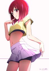 Rule 34 | 1girl, arima kana, bike shorts, bike shorts under skirt, breasts, closed mouth, crop top, hand up, highres, index finger raised, midriff, miniskirt, navel, nii manabu, oshi no ko, pleated skirt, red eyes, red hair, shirt, short hair, short sleeves, skirt, skirt hold, small breasts, solo, stomach, thighs, white skirt, yellow shirt