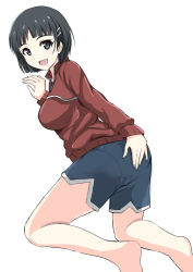Rule 34 | 1girl, :d, barefoot, black eyes, black hair, blue shorts, blunt bangs, bob cut, breasts, dolphin shorts, from side, full body, hair ornament, hairclip, hand on own ass, kirigaya suguha, kneeling, large breasts, legs apart, long sleeves, looking at viewer, natsuzakura yuuki, open mouth, pantylines, red sweater, short hair, short shorts, shorts, simple background, sketch, smile, solo, sweater, sword art online, thighs, white background