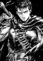 Rule 34 | 1boy, absurdres, armor, bandaged arm, bandages, berserk, cape, greyscale, guts (berserk), highres, holding, holding weapon, looking at viewer, male focus, monochrome, one eye closed, simple background, solo, suechimu, sword, upper body, weapon