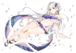 Rule 34 | 1girl, absurdly long hair, ainu clothes, aquaplus, blush, breasts, cleavage, cleavage cutout, clothing cutout, collarbone, crop top, fingernails, frilled swimsuit, frills, full body, gradient eyes, gradient hair, grey eyes, hand on own thigh, highres, large breasts, legs together, long hair, looking at viewer, lying, matsuri (utawarerumono: lost flag), midriff, mitsumi misato, multicolored eyes, multicolored hair, off shoulder, official art, on side, open mouth, petals, raised eyebrows, sandals, sidelocks, solo, swimsuit, thick thighs, thighs, thighs together, toenails, transparent background, underwear, utawarerumono, utawarerumono: lost flag, very long hair, wavy hair, white hair