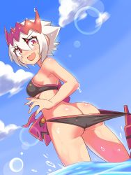 Rule 34 | 1girl, absurdres, accidental exposure, ass, bikini, blush, breasts, butt crack, cougar (cougar1404), dragon: marked for death, embarrassed, empress (dmfd), highres, looking at viewer, looking back, medium breasts, open mouth, red eyes, short hair, solo, swimsuit, water, wet, white hair