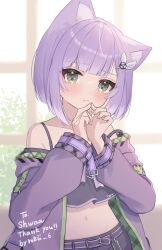 Rule 34 | 1girl, absurdres, animal ears, belt, black shirt, cat ears, cat girl, commission, crop top, cropped shirt, green eyes, highres, indie virtual youtuber, jacket, light purple hair, long sleeves, looking at viewer, midriff, navel, off shoulder, open clothes, open jacket, purple hair, purple jacket, roku 6, second-party source, shirt, short hair, shwaa, shy, skeb commission, strap slip, virtual youtuber