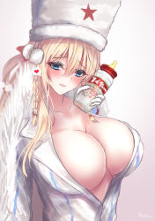 Rule 34 | 1girl, absurdres, blonde hair, blue eyes, blush, braid, braided bangs, breasts, cleavage, collarbone, dp28 (girls&#039; frontline), fur hat, girls&#039; frontline, gloves, hair between eyes, hat, highres, large breasts, long hair, looking at viewer, martinreaction, open mouth, papakha, simple background, solo, white gloves