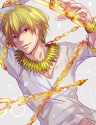 Rule 34 | 1boy, bad id, bad pixiv id, blonde hair, bracelet, casual, chain, enkidu (weapon) (fate), fate/zero, fate (series), gilgamesh (fate), jewelry, male focus, necklace, official alternate costume, red eyes, short hair, solo, v-neck, white background, zino