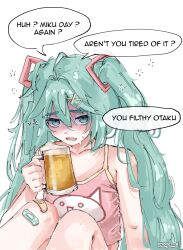 Rule 34 | 1girl, absurdres, alcohol, bandaid, beer, blue eyes, blue hair, blush, drunk, english text, fang, hair between eyes, hair ornament, hatsune miku, hiccup, highres, knees up, long hair, miku day, open mouth, pink tank top, shaded face, skin fang, squeans, sweat, tank top, twintails, twitter username, very long hair, vocaloid, white background, wwparasi, x hair ornament