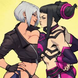 Rule 34 | 2girls, absurdres, angel (kof), asymmetrical docking, black hair, blue eyes, bracelet, breast contest, breast press, breasts, cleavage, commission, confrontation, crop top, cropped jacket, danusko, drill hair, elbow gloves, eye contact, face-to-face, faceoff, fingerless gloves, glaring, gloves, hair horns, hair over one eye, halterneck, han juri, highres, jacket, jewelry, large breasts, leather, leather jacket, lightning glare, looking at another, medium breasts, midriff, multicolored hair, multiple girls, nail polish, navel, purple eyes, rivalry, rivals, second-party source, short hair, smile, snk, spiked bracelet, spikes, stare down, symmetrical docking, the king of fighters, the king of fighters 2001, the king of fighters xiv, toned, underwear, white hair, yellow background