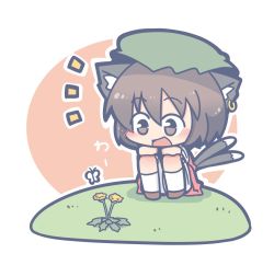 Rule 34 | 1girl, animal ears, bloomers, blush, brown eyes, brown footwear, brown hair, bug, butterfly, cat ears, cat tail, chen, chibi, circle, commentary, dandelion, earrings, flower, full body, grass, green hat, hat, insect, jewelry, knees up, long sleeves, mob cap, multiple tails, ooyama bokuchi, open mouth, red background, red skirt, shirt, short hair, sitting, skirt, skirt set, socks, solo, tail, touhou, two-tone background, two tails, underwear, white background, white shirt, white socks