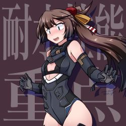 Rule 34 | 1girl, 547th sy, text background, black background, black gloves, black leotard, brown hair, center opening, commentary request, cosplay, cowboy shot, dated, elbow gloves, flat chest, gloves, hair ribbon, highres, kantai collection, kazagumo (kancolle), leotard, long hair, ponytail, ribbon, grey eyes, solo, thighhighs, translation request, twitter username