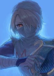 Rule 34 | 1girl, bandaged arm, bandaged fingers, bandages, blonde hair, blue background, commentary request, hair over one eye, harp, highres, holding, instrument, looking at viewer, mask, mouth mask, nintendo, raji (aranmax), red eyes, reverse trap, sheik, shirt, short hair, solo, the legend of zelda, the legend of zelda: ocarina of time, torn clothes, torn shirt, upper body