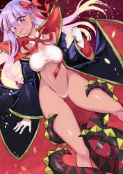 Rule 34 | 1girl, bb (fate), bb (fate) (all), bb (swimsuit mooncancer) (fate), bb (swimsuit mooncancer) (third ascension) (fate), black coat, coat, commentary request, fate/grand order, fate (series), feet out of frame, gloves, gluteal fold, hair ribbon, high heels, highleg, highleg leotard, highres, leotard, looking at viewer, momo futoshi, open mouth, popped collar, purple eyes, purple hair, red background, red footwear, red ribbon, ribbon, smile, solo, tan, tentacles, white gloves, white leotard