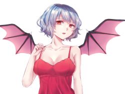Rule 34 | 1girl, aged up, bat wings, blue hair, breasts, camisole, cleavage, collarbone, large breasts, lips, lipstick, makeup, mayor, red camisole, red eyes, red lips, remilia scarlet, short hair, simple background, touhou, white background, wings