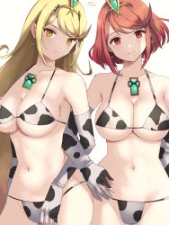 Rule 34 | 2girls, animal print, bare shoulders, bikini, blonde hair, breasts, cleavage, cow print, earrings, gem, hair ornament, highres, jewelry, large breasts, locked arms, long hair, looking at viewer, md5 mismatch, multiple girls, mythra (xenoblade), navel, pyra (xenoblade), resolution mismatch, simple background, source smaller, stomach, swimsuit, tiara, xenoblade chronicles (series), xenoblade chronicles 2, yamamori kinako, yellow eyes