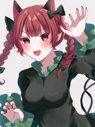 Rule 34 | 1girl, animal ears, black bow, black nails, bow, braid, breasts, cat ears, dress, frilled sleeves, frills, green dress, hair bow, kaenbyou rin, long sleeves, looking at viewer, medium breasts, nail polish, red eyes, red hair, red nails, siomi 403, solo, touhou, twin braids