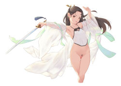 Rule 34 | 1girl, :p, armpits, bigrbear, black hair, bottomless, breasts, brown eyes, censored, female pubic hair, hand up, holding, holding sword, holding weapon, long hair, medium breasts, mosaic censoring, original, outstretched arm, pubic hair, simple background, solo, standing, sword, thighs, tongue, tongue out, weapon, white background