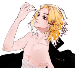 Rule 34 | 1boy, bandages, bare shoulders, black eyes, blonde hair, coat, coat on shoulders, collarbone, highres, long hair, looking at hand, male focus, parted lips, sano manjirou, shihpa, simple background, single bare shoulder, sketch, solo, tokyo revengers, topless male, white background