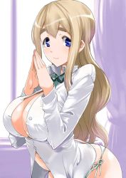 Rule 34 | 1girl, arched back, bent over, blonde hair, blue eyes, blush, breasts, buttons, cleavage, collared shirt, cowboy shot, curtains, eyebrows, green panties, green ribbon, huge breasts, indoors, k-on!, kotobuki tsumugi, long hair, long sleeves, looking at viewer, open clothes, open shirt, own hands together, panties, ribbon, shinama, shirt, side-tie panties, sidelocks, smile, solo, standing, tareme, thick eyebrows, unbuttoned, underwear, very long hair, white shirt, window, wing collar