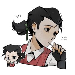 Rule 34 | 1boy, alternate hairstyle, anyu0, arm up, black gloves, black hair, chibi, collared shirt, cropped shoulders, don&#039;t starve, fingerless gloves, gloves, hair pulled back, highres, looking away, looking to the side, male focus, mouth hold, multiple views, ponytail, red vest, shirt, simple background, vest, white background, white shirt, wilson (don&#039;t starve)