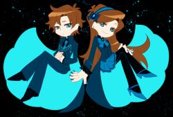 Rule 34 | 1boy, 1girl, akikurokawa, aqua eyes, black background, black footwear, black pantyhose, black shirt, blue bow, blue bowtie, blue footwear, blue gemstone, blue jacket, blue nails, blue necktie, blue pants, blue skirt, bow, bowtie, brooch, brother and sister, brown hair, cape, chibi, constellation, crescent, crescent pin, crossed legs, dipper gleeful, dipper pines, earrings, eyelashes, facial mark, floating, forehead mark, frilled shirt collar, frilled sleeves, frills, frown, full body, gem, gravity falls, hair bow, hands on own stomach, high heels, interlocked fingers, invisible chair, jacket, jewelry, long hair, long sleeves, mabel gleeful, mabel pines, miniskirt, nail polish, necktie, own hands together, pants, panty &amp; stocking with garterbelt, pantyhose, parody, pleated skirt, shirt, shoes, short hair, siblings, sitting, skirt, smile, twins, two-sided cape, two-sided fabric, very long hair