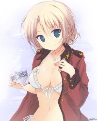 Rule 34 | 10s, 1girl, bad id, bad twitter id, bikini, blonde hair, blue eyes, blush, braid, braided bun, breasts, cleavage, closed mouth, commentary, cup, darjeeling (girls und panzer), epaulettes, frilled bikini, frills, front-tie bikini top, front-tie top, getsumen suibaku ver. a(c), girls und panzer, hair bun, head tilt, highres, holding, holding cup, jacket, jewelry, large breasts, long sleeves, looking at viewer, military, military uniform, navel, necklace, open clothes, open jacket, red jacket, short hair, side-tie bikini bottom, sitting, smile, solo, sparkle, st. gloriana&#039;s military uniform, standing, swimsuit, teacup, twitter username, uniform, upper body