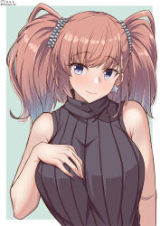 Rule 34 | 1girl, alternate costume, atlanta (kancolle), blue background, blush, breasts, brown hair, brown shirt, earrings, highres, jewelry, kantai collection, large breasts, long hair, ribbed shirt, shiromaru (maniado), shirt, single earring, solo, star (symbol), star earrings, two side up, upper body, white background