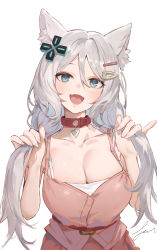 Rule 34 | 1girl, :d, absurdres, animal ear fluff, animal ears, blue eyes, breasts, camisole, cat ears, cleavage, collar, collarbone, d-pad, d-pad hair ornament, fang, grey hair, hair ornament, hairclip, highres, holding, holding own hair, large breasts, meridian project, mizuki (vtuber), open mouth, orange skirt, red collar, simple background, skin fang, skirt, smile, solo, tsuiru, virtual youtuber, white background, white camisole, white hair, wolf ears, wolf girl