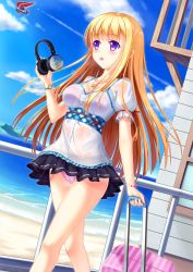 Rule 34 | 1girl, beach, blonde hair, blush, breasts, cloud, contrail, day, dutch angle, headphones, highres, jewelry, large breasts, long hair, necklace, ocean, original, outdoors, panties, pantyshot, purple eyes, skirt, sky, solo, star (symbol), star necklace, underwear, walking, water, wet, wet clothes, yurina
