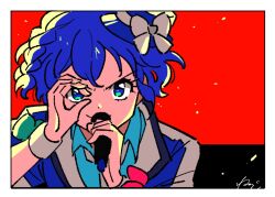 Rule 34 | 1girl, blue eyes, blue hair, blue hat, blue jacket, blue shirt, border, bow, braid, closed mouth, collared shirt, curly hair, dorothy west, hand over eye, hands up, hat, idol, idol clothes, jacket, light particles, looking at viewer, microphone, mini hat, pretty series, pripara, rituyama1, shirt, short hair, side braid, signature, smile, solo, upper body, v-shaped eyebrows, white border, white bow, wrist cuffs