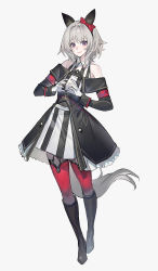 Rule 34 | 1girl, absurdres, animal ears, bare shoulders, black footwear, black jacket, boots, bow, closed mouth, commentary request, curren chan (umamusume), dress, ear bow, echj, full body, gloves, grey background, grey hair, highres, horse ears, horse girl, horse tail, jacket, knee boots, long sleeves, looking at viewer, off-shoulder jacket, off shoulder, purple eyes, red bow, red thighhighs, simple background, sleeveless, sleeveless dress, smile, solo, striped clothes, striped dress, tail, thighhighs, thighhighs under boots, umamusume, vertical-striped clothes, vertical-striped dress, white dress, white gloves