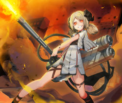 Rule 34 | 1girl, arknights, baniran dorosu, black shirt, blonde hair, capelet, city, crazy smile, embers, female focus, fire, flamethrower, from below, grin, highres, horns, ifrit (arknights), kneehighs, material growth, military, military vehicle, miniskirt, motor vehicle, orange eyes, oripathy lesion (arknights), ruins, shirt, skirt, smile, smoke, socks, tail, tank, tube, twintails, weapon, white capelet, white skirt