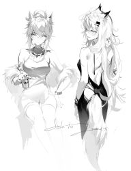 Rule 34 | 2girls, absurdres, ahoge, animal ears, arknights, backless dress, backless outfit, bracelet, breasts, cup, dated, dress, ear piercing, facing away, feather boa, glass, greyscale, hair ornament, hairclip, hand in own hair, highres, holding, holding cup, jewelry, lappland (arknights), lass, long hair, looking at viewer, medium breasts, meng ziya, messy hair, monochrome, multiple girls, necklace, open mouth, piercing, ponytail, ring, scar, scar across eye, scar on back, scar on face, simple background, sketch, tail, texas (arknights), thighhighs, very long hair, wolf ears, wolf girl, wolf tail