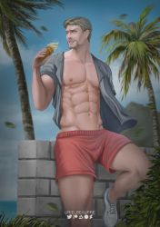 Rule 34 | 1boy, abs, artist name, bara, bare pectorals, blonde hair, cloud, commission, day, facial hair, food, grey shirt, highres, holding, holding food, ice cream, ice cream cone, large pectorals, male focus, muscular, muscular male, navel, nipples, open clothes, open shirt, outdoors, pectorals, red shorts, reiner braun, shingeki no kyojin, shirt, short hair, shorts, sky, smile, solo, teeth, thighs, twitter logo, urielbeaupre15