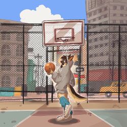 Rule 34 | 1girl, animal ears, ball, basketball (object), basketball court, basketball hoop, blue sky, body fur, brown fur, brown hair, building, car, chain-link fence, city, clothing cutout, cloud, commentary, day, dog ears, dog girl, dog tail, ears through headwear, fence, fingernails, furry, furry female, grey hoodie, highres, holding, holding ball, hood, hood up, hoodie, leg warmers, long sleeves, looking at viewer, looking back, motor vehicle, original, outdoors, rata (norahasu), red eyes, scenery, sharp fingernails, shoes, sky, sneakers, solo, standing, tail, tail through clothes, tomboy, white footwear, wide shot, yellow fur