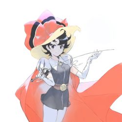 Rule 34 | 1girl, black eyes, black hair, cape, check copyright, copyright request, cowboy shot, elbow gloves, gloves, hat, hat ribbon, highres, hirooka masaki, holding, holding sword, holding weapon, original, puffy short sleeves, puffy sleeves, red cape, ribbon, ribbon no kishi, short hair, short sleeves, simple background, smile, solo, sword, weapon, white background, white gloves, yellow hat
