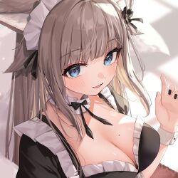 Rule 34 | 1girl, animal ears, black nails, blue eyes, blunt bangs, blush, borrowed character, breasts, cat ears, choker, cleavage, commentary, commission, dress, eyeshadow, frilled choker, frilled dress, frills, hand up, highres, large breasts, light brown hair, long hair, looking at viewer, maid headdress, makeup, mole, mole on breast, mole under eye, original, parted lips, pink eyeshadow, setokane, short sleeves, sidelocks, skeb commission, smile, solo, two-tone dress, upper body, wrist cuffs