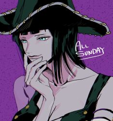 Rule 34 | 1girl, black hair, black hat, blue eyes, breasts, cleavage, closed mouth, collarbone, commentary request, cowboy hat, crop top, cross-laced clothes, english text, hand on own face, hat, highres, large breasts, looking to the side, medium hair, nico robin, nsgw, one piece, purple background, simple background, smile, solo
