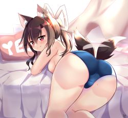 Rule 34 | 1girl, afterimage, akiba monaka, animal ears, ass, azur lane, bedroom, black hair, blush, breasts, closed mouth, curtains, eyes visible through hair, fang, fang out, furrowed brow, hair between eyes, highres, indoors, long hair, looking at viewer, on bed, pink curtains, red eyes, shigure (attack i-490!) (azur lane), shigure (azur lane), smile, solo, tail, tail wagging, wolf ears, wolf girl, wolf tail