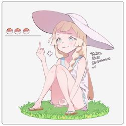 Rule 34 | 1girl, blonde hair, blue eyes, blush, border, circle game, closed mouth, commentary, convenient arm, creatures (company), dress, english text, game freak, godekasu, hat, knees together feet apart, lillie (pokemon), long hair, looking at viewer, middle finger, nintendo, ok sign, poke ball, poke ball (basic), pokemon, pokemon sm, sandals, simple background, sitting, smile, smug, solo, sun hat, white background, white border, white dress, white hat