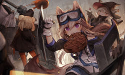 Rule 34 | 3girls, :3, animal ear fluff, animal ears, arknights, asicah, ballistic shield, bear ears, black gloves, black headwear, black jacket, black legwear, blue shorts, blue skirt, brown hair, building, cardigan (arknights), closed mouth, dated, dog ears, dog girl, dog tail, ears through headwear, food, food in mouth, frying pan, gloves, gummy (arknights), hair between eyes, hat, haze (arknights), holding, holding frying pan, jacket, light brown hair, long hair, long sleeves, mouth hold, multiple girls, open clothes, open jacket, orange pantyhose, outdoors, pantyhose, pantyhose under shorts, pleated skirt, purple eyes, riot shield, shield, shirt, short shorts, shorts, skirt, sparkle, steak, tail, white gloves, white shirt, wide sleeves, witch hat