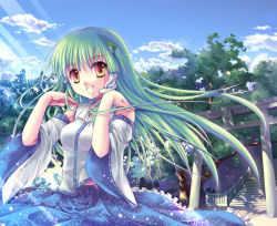Rule 34 | 1girl, bad id, bad pixiv id, day, detached sleeves, female focus, frog, green eyes, hair ornament, japanese clothes, kochiya sanae, light rays, long hair, miko, nature, open mouth, sky, smile, snake, solo, sousouman, stairs, sunbeam, sunlight, torii, touhou, tree, yellow eyes