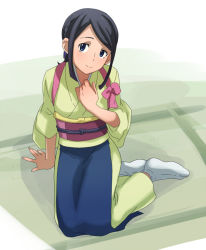 10s 1girl @@@_(eckzahn) arm_support bad_id bad_pixiv_id black_hair blue_eyes blush bow female_focus gundam gundam_build_fighters japanese_clothes long_hair misaki_(gundam_bf) outside_border ponytail sitting smile solo tabi tasuki yokozuwari