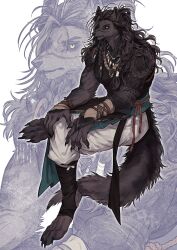 1boy arm_tattoo black_sclera body_fur brown_fur brown_hair buri_luv claws colored_sclera commentary figure_four_sitting full_body furry furry_male highres leg_wrap long_hair looking_at_viewer male_focus original sleeveless solo tattoo white_background wolf_boy yellow_eyes zoom_layer