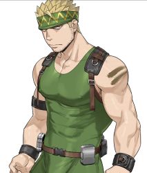 Rule 34 | 1boy, bara, bare arms, bare shoulders, blonde hair, bodysuit, bulge, covered abs, covered erect nipples, facial hair, green bodysuit, green hairband, hairband, kienbiu, large pectorals, male focus, muscular, original, pectorals, punt (kienbiu), short hair, skin tight, sleeveless, solo, spiked hair, stubble, thick thighs, thighs