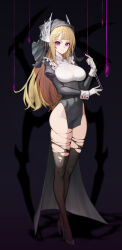 Rule 34 | 1girl, absurdres, arthropod girl, black dress, black footwear, black thighhighs, blonde hair, blush, breasts, bug, closed mouth, covered navel, doha skylightscent, dress, full body, gloves, high heels, highres, insect girl, large breasts, long hair, nun, original, purple eyes, shiny clothes, solo, spider, spider girl, spider web hair ornament, standing, thighhighs, torn clothes, torn thighhighs, white gloves