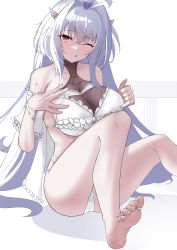 Rule 34 | 1girl, absurdres, ahoge, bare shoulders, barefoot, bikini, breasts, fate/grand order, fate/prototype, fate (series), feet, highres, lady avalon (fate), lady avalon (second ascension) (fate), large breasts, long hair, looking at viewer, merlin (fate/prototype), musicatopos, purple eyes, smile, soles, solo, swimsuit, thighs, toes, very long hair, white bikini, white hair