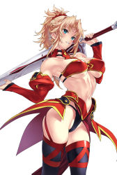 Rule 34 | 1girl, alternate breast size, bandeau, bare shoulders, black panties, black thighhighs, blonde hair, blue eyes, blush, braid, breasts, bridal gauntlets, clarent (fate), collarbone, covered erect nipples, detached sleeves, fate/apocrypha, fate (series), french braid, grin, hair ornament, hair scrunchie, large breasts, long hair, looking at viewer, mordred (fate), mordred (fate/apocrypha), navel, nishieda, panties, parted bangs, pelvic curtain, ponytail, red scrunchie, scrunchie, sidelocks, smile, solo, sword, thighhighs, thighs, underwear, v-shaped eyebrows, weapon, white background