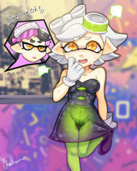 Rule 34 | + +, 2girls, ?, artist name, bare shoulders, black dress, black footwear, black hair, blurry, blurry background, blush, breasts, callie (splatoon), collarbone, cousins, crotch seam, domino mask, dress, embarrassed, english text, female focus, food, food on head, gloves, green legwear, half-closed eyes, hand to own mouth, hand up, have to pee, kakuume, leg up, looking at another, marie (splatoon), mask, medium breasts, mole, mole under eye, multiple girls, nintendo, nose blush, object on head, open mouth, pantyhose, peeing, peeing self, pointy ears, shoes, short dress, short hair, signature, smile, solo focus, speech bubble, splatoon (series), splatoon 1, standing, standing on one leg, strapless, strapless dress, sweat, talking, tentacle hair, tentacles, thigh gap, wet, wet clothes, white gloves, white hair, x-ray, yellow eyes